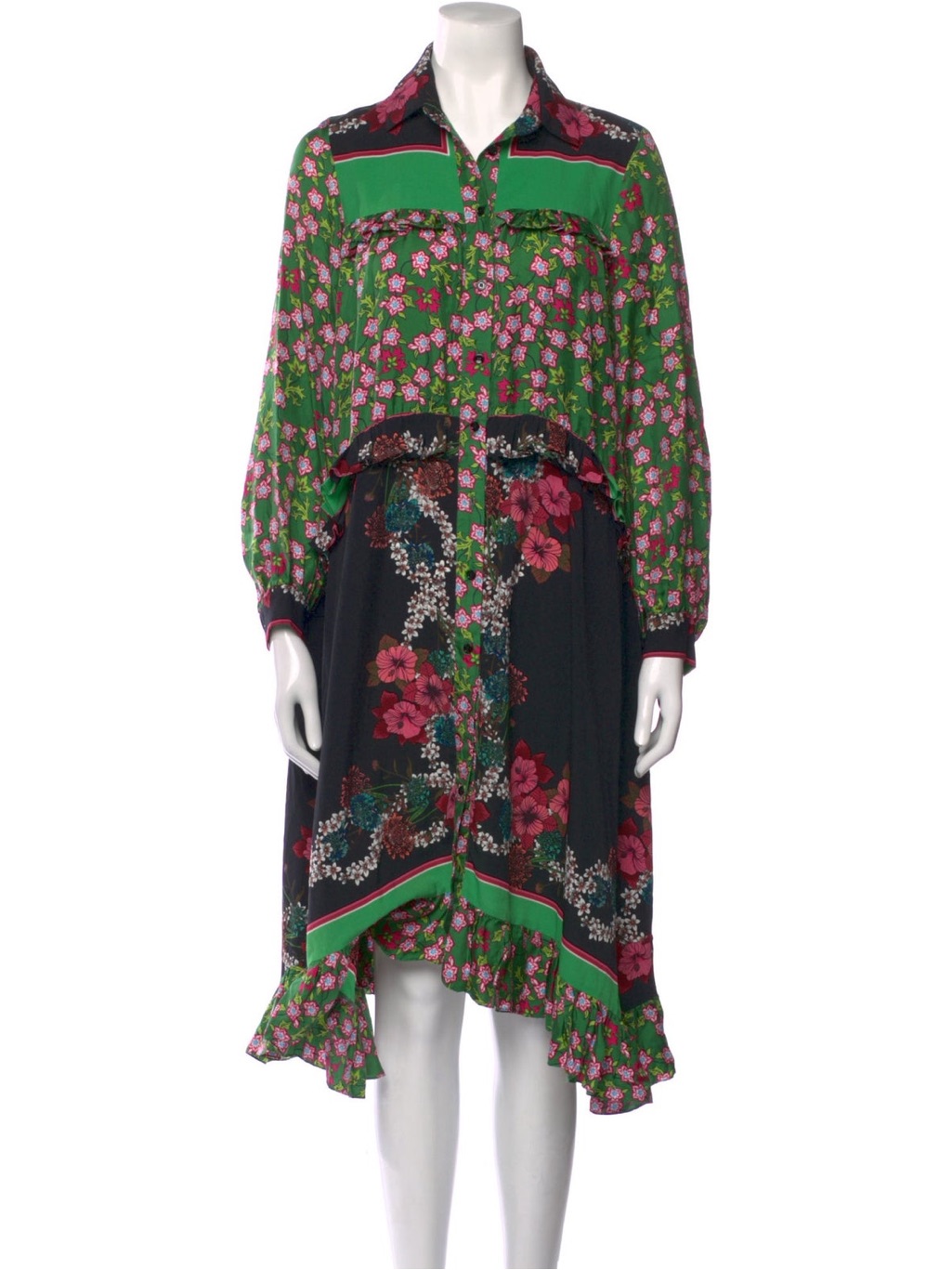 Sandro Paris Green Pink Floral Silk Longsleeve Ruffle Dress Fr 34 Us 2